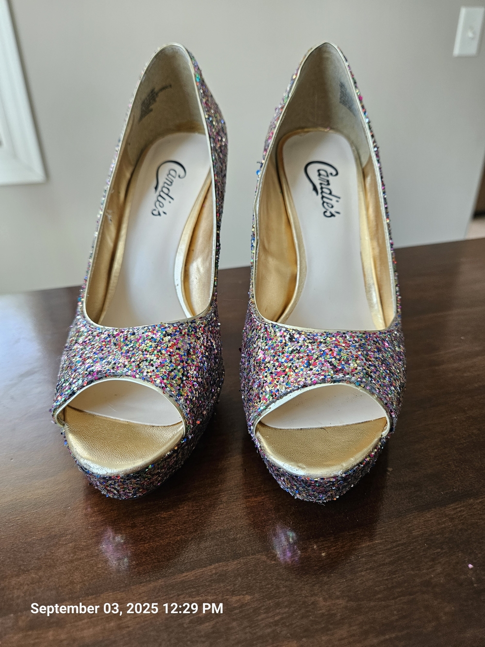 Candie's 6.5 Multicolor Glitter Peep-Toe Platform Heels